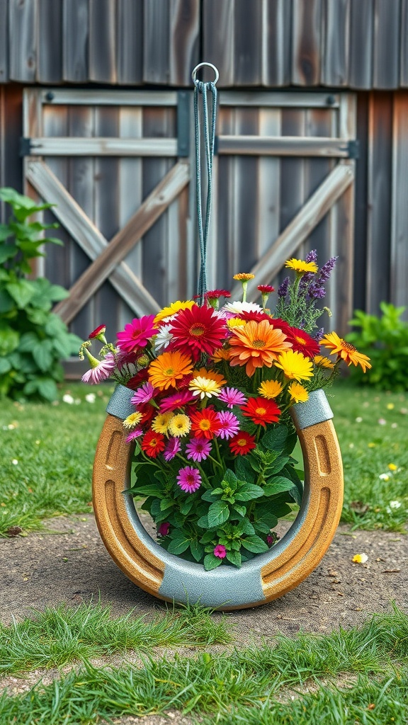 Horseshoe planter filled with colorful flowers hanging outside.