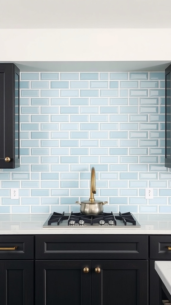 Ice blue subway tile backsplash in a modern kitchen with dark cabinets.