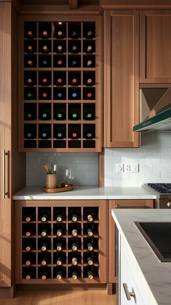 A built-in wooden wine rack displaying various bottles of wine in a modern kitchen.