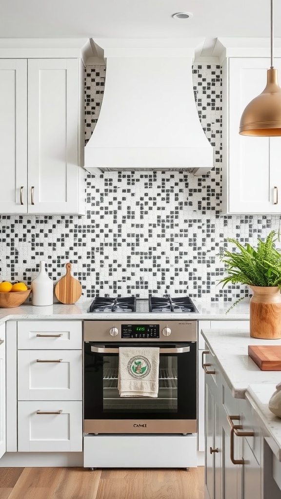 Stylish kitchen with a black and white tile backsplash, white cabinetry, and a copper pendant light.