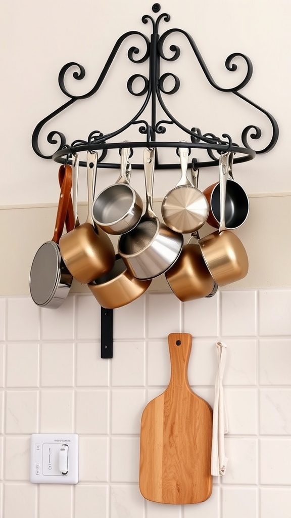 A black wall-mounted pot rack displaying various pots and pans, with a wooden cutting board underneath.