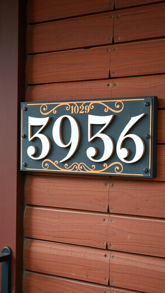 A decorative house number plaque mounted on a wooden wall, featuring bold numbers and elegant design.