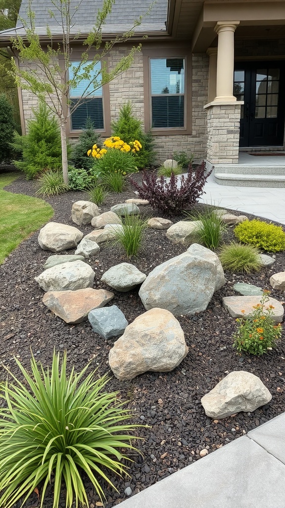 A landscaped yard featuring various natural stones, green plants, and colorful flowers.