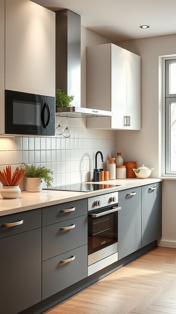 A modern Scandinavian kitchen featuring integrated smart technology and sleek design elements.