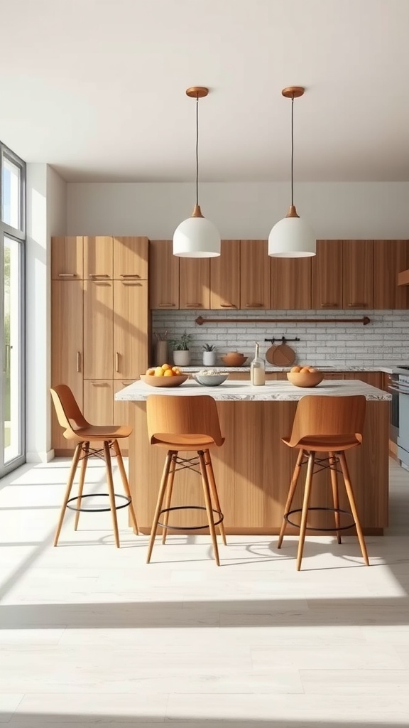 Stylish wooden bar stools around a modern kitchen island with a marble countertop.