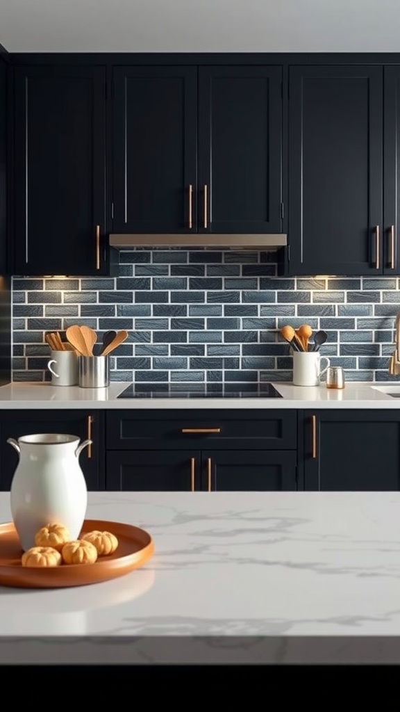 Indigo brick pattern backsplash with dark kitchen cabinets and a marble countertop