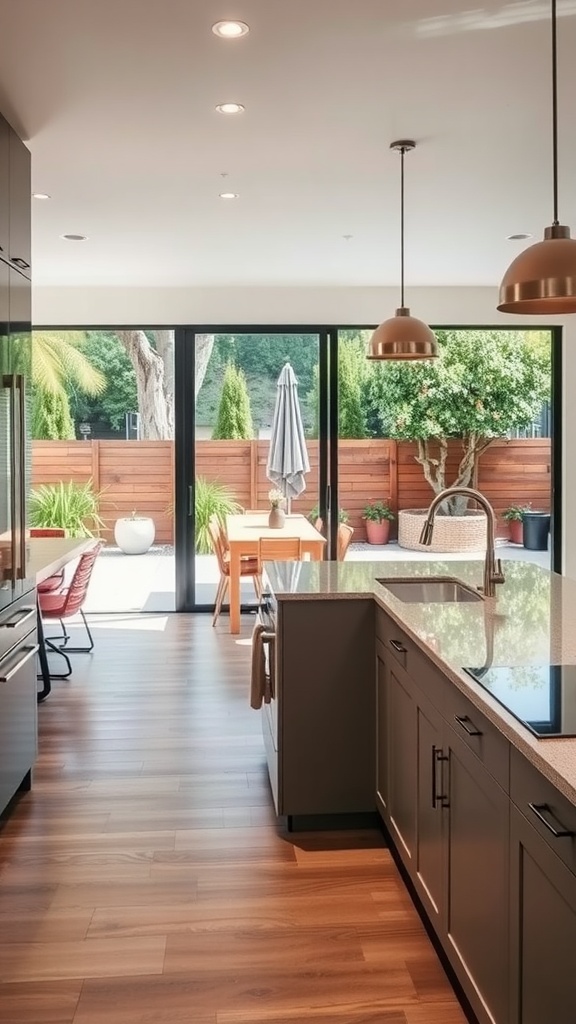 A beach house kitchen with large glass doors leading to an outdoor dining area.