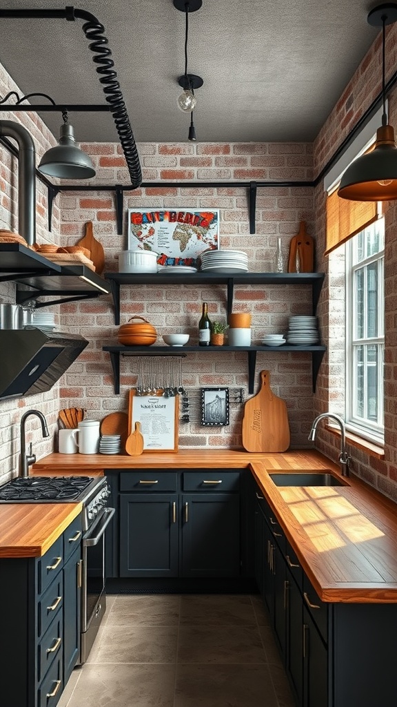 A cozy industrial chic kitchen featuring exposed brick walls, dark cabinets, wooden countertops, and open shelving.