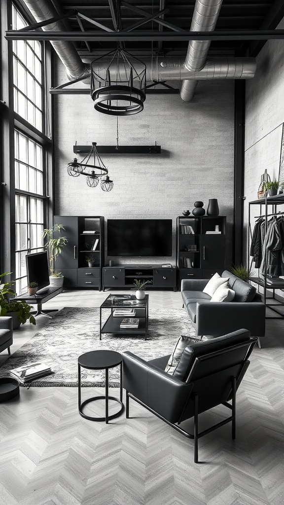 A stylish industrial chic living room with black, grey, and white elements, featuring large windows, metal accents, and minimalist furniture.