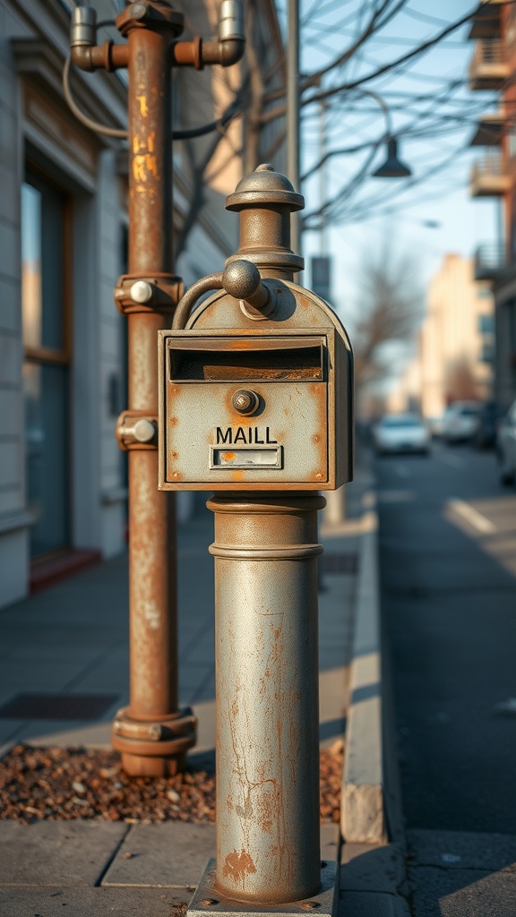 An industrial-style mailbox post with a rustic look and a metal design.