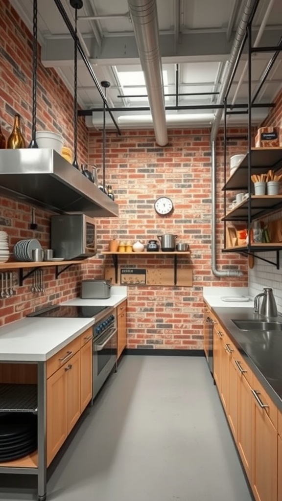 A modern kitchen featuring exposed brick walls, metal shelves, and wooden cabinets in an industrial urban style.