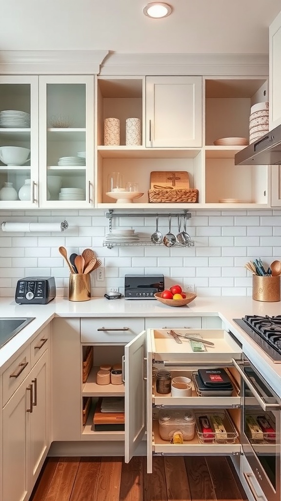 A contemporary kitchen with innovative storage solutions, featuring glass cabinets, open shelving, and pull-out drawers.