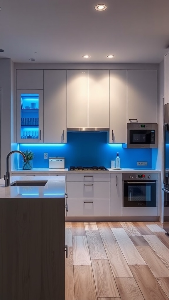 Modern kitchen featuring blue lighting under cabinets and shelving, with white cabinetry and wooden floors.