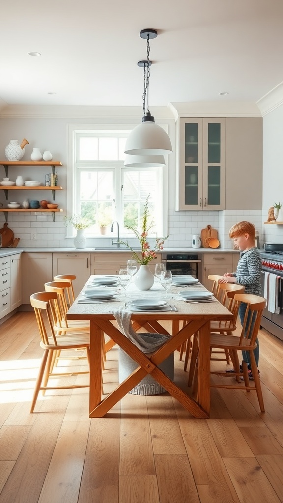 A bright Scandinavian kitchen with a large wooden dining table, surrounded by chairs, and a child standing by the table.