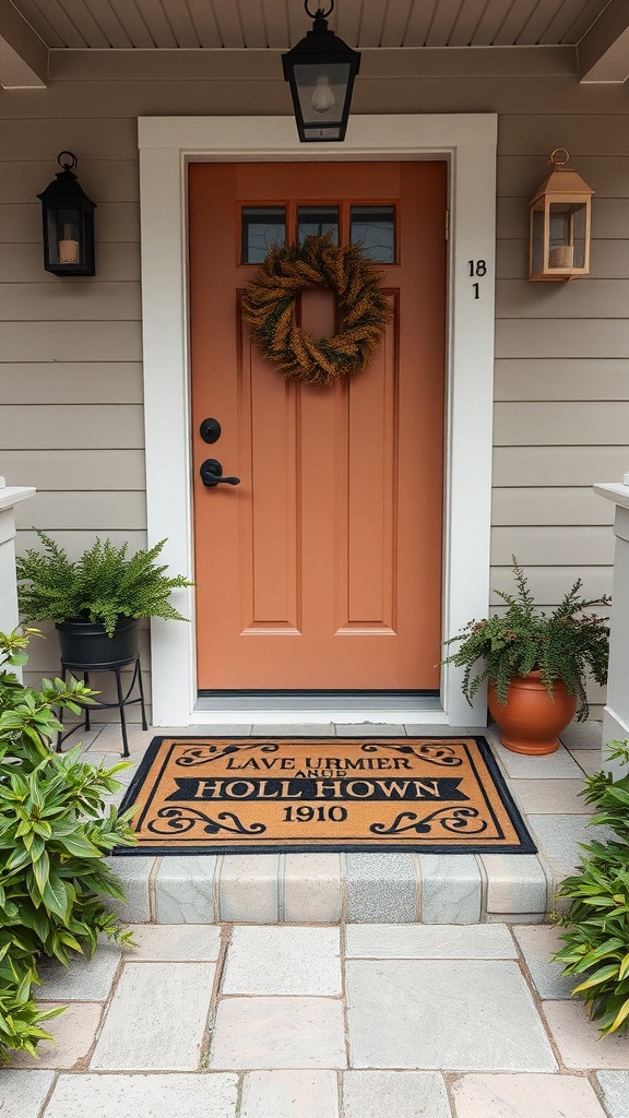 Front entrance showing a welcoming doormat, orange door, and surrounding greenery