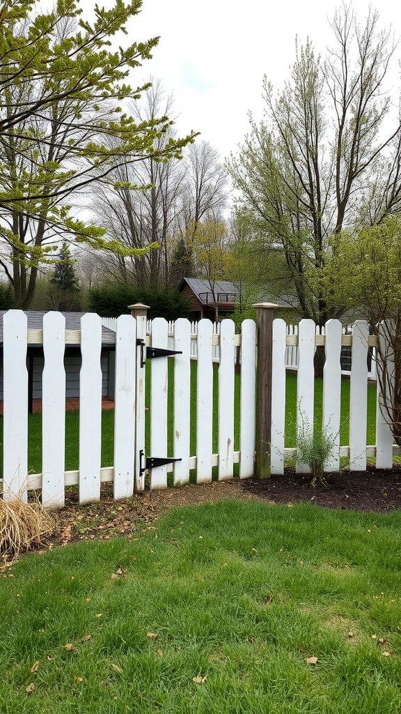 A white picket fence and gate in a grassy yard with trees in the background