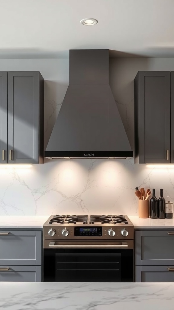 Modern kitchen featuring a stylish range hood over a gas stove with gray cabinets and marble backsplash