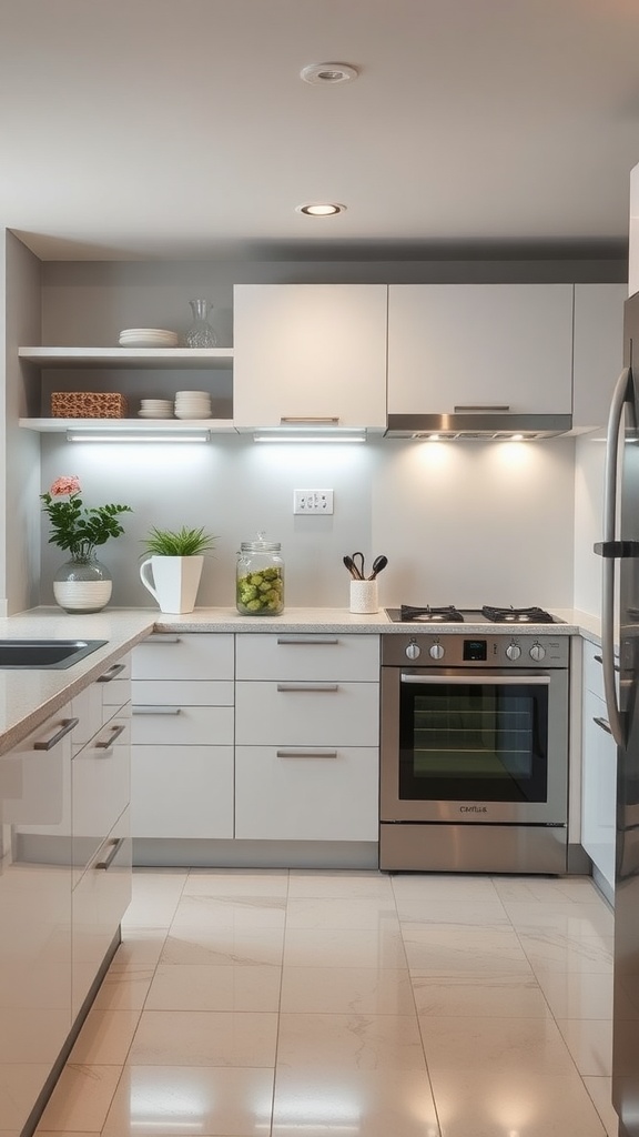 A modern kitchen featuring energy-efficient appliances, including a stainless steel stove and refrigerator with a clean, minimalist design.