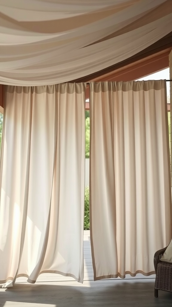 Light outdoor curtains hanging in a cozy patio space