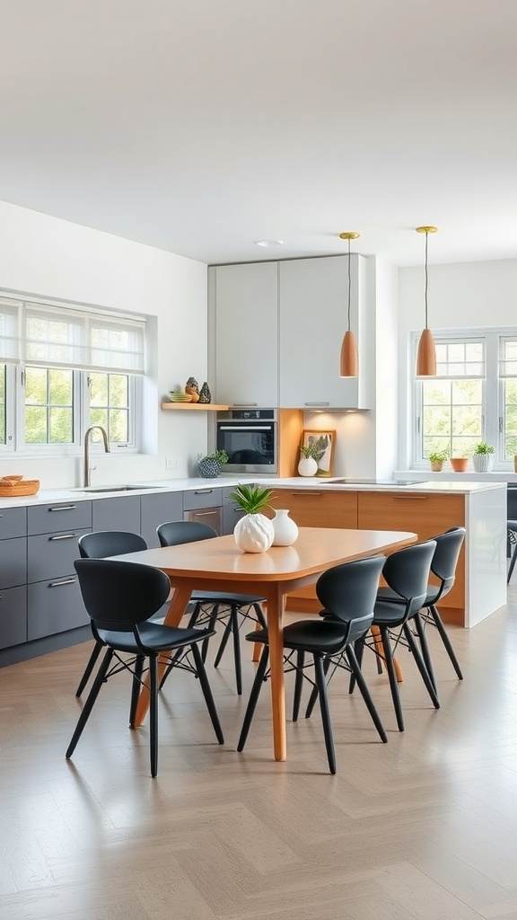 A modern kitchen with an integrated dining area featuring a round wooden table and black chairs.