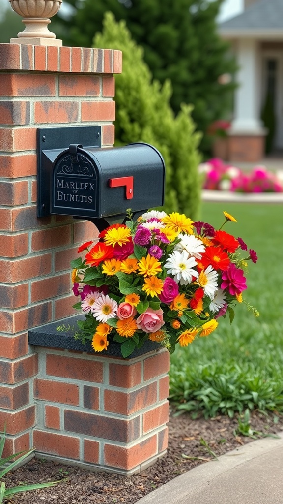 A brick mailbox with an integrated flower box, featuring a vibrant arrangement of various colorful flowers.