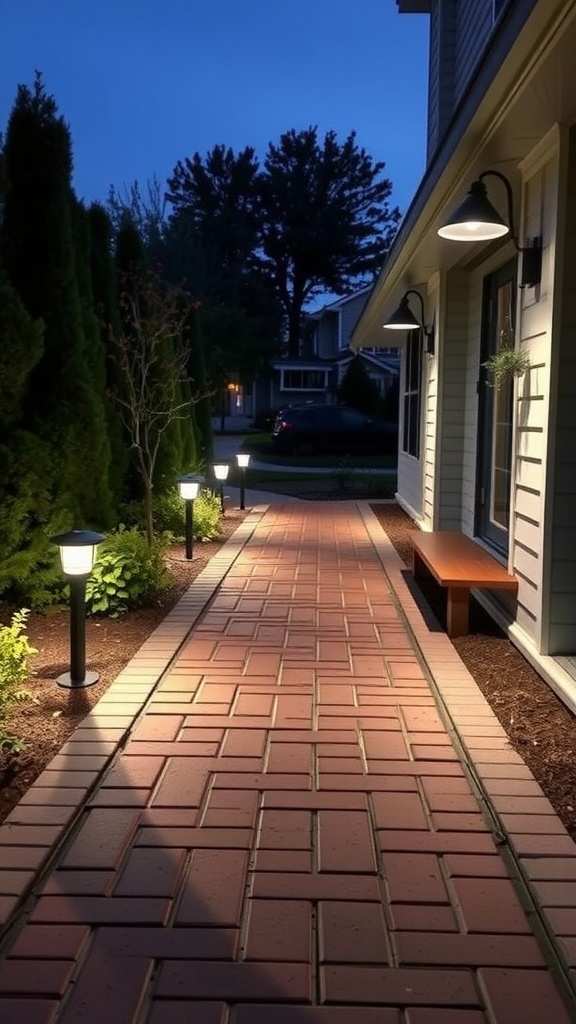 A brick walkway illuminated with garden lights, leading to a house at night.