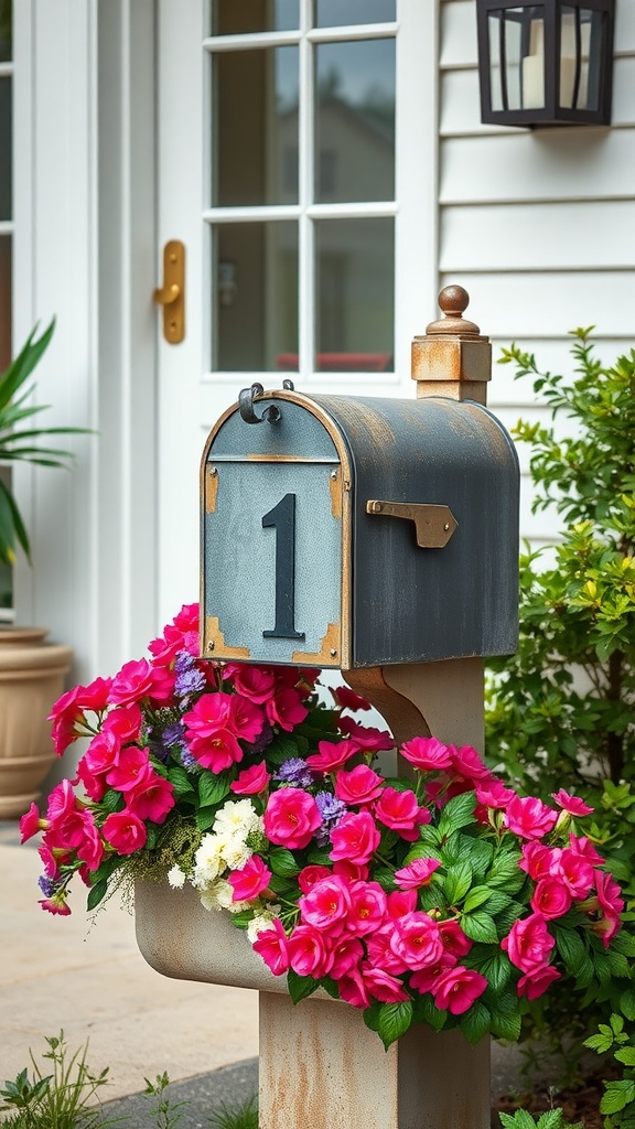 A mailbox integrated with a planter, decorated with pink flowers and greenery.