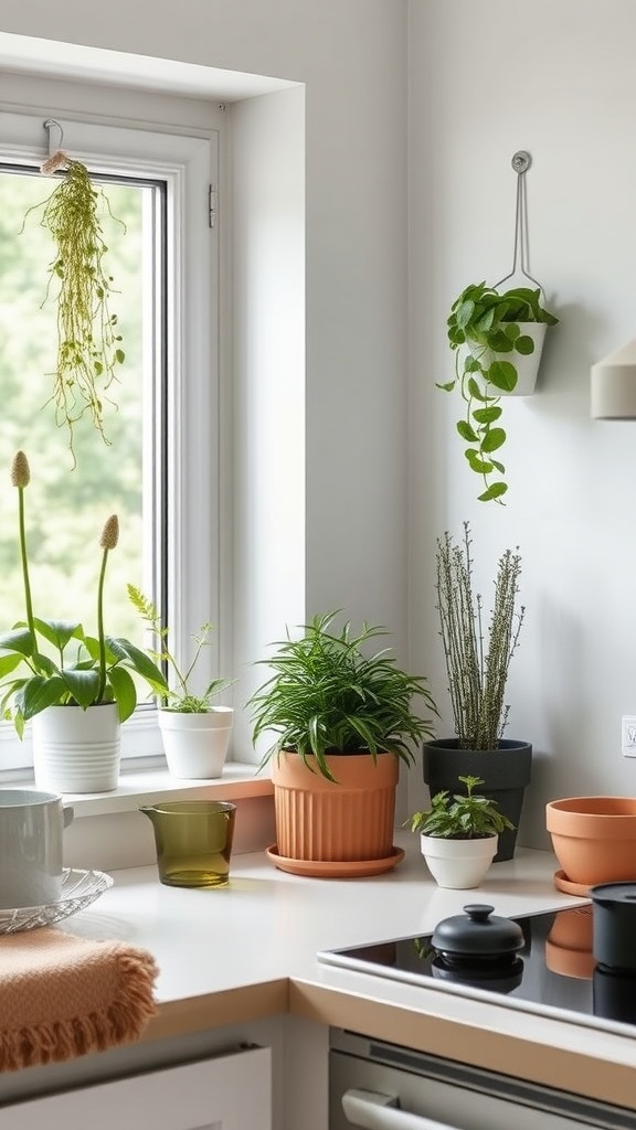 A bright Scandinavian kitchen corner showcasing various indoor plants on a windowsill and hanging from the wall.