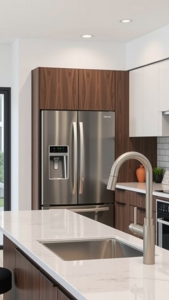 A modern kitchen featuring a stainless steel refrigerator and a stylish faucet.