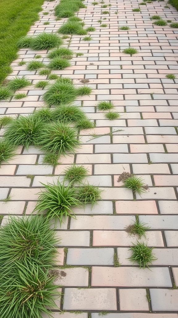 A brick walkway with patches of grass growing between the bricks.