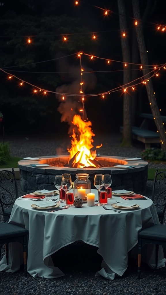 A cozy dining setup beside a fire pit with glowing lights above.