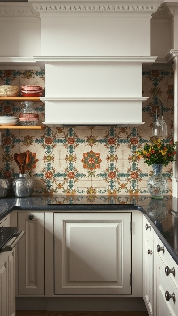 A kitchen with an intricate Victorian tile backsplash featuring floral and geometric patterns, complemented by white cabinets and a dark countertop.