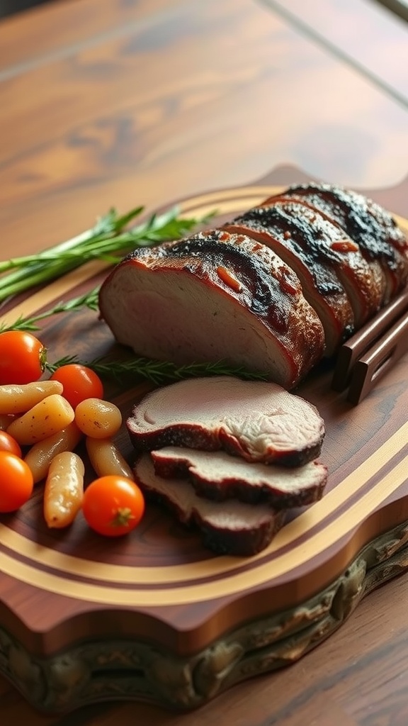 A wooden carving board with sliced meat and fresh vegetables