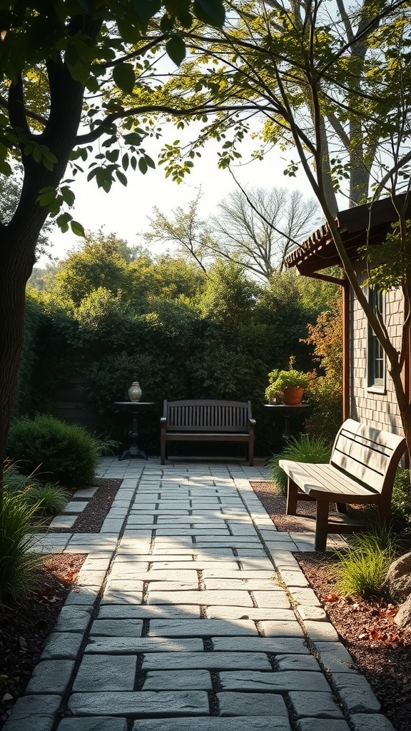 A flagstone walkway leading to a cozy garden space with benches and lush greenery.