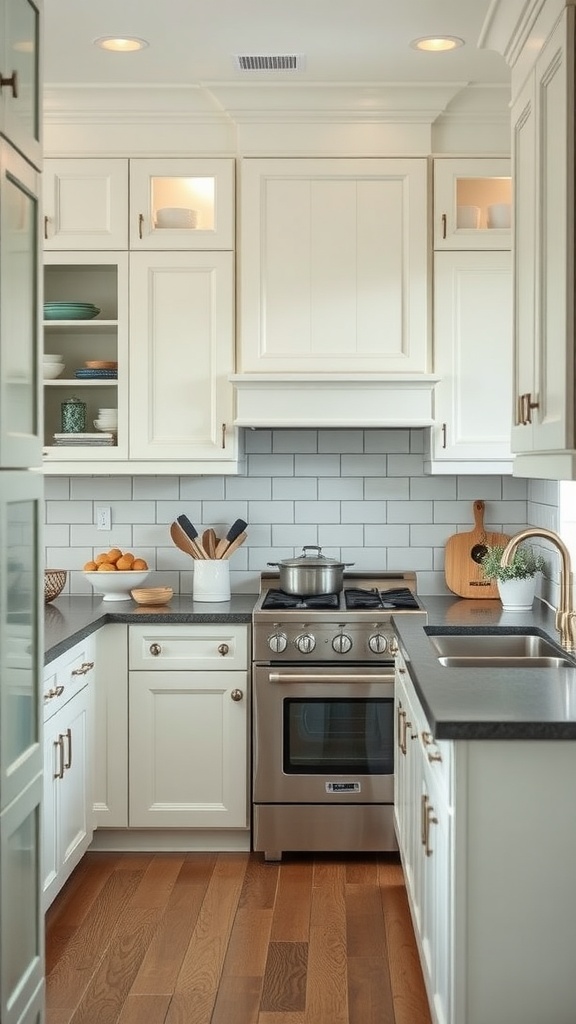 A modern kitchen featuring ivory cabinets with sage accents, showcasing a clean and inviting design.