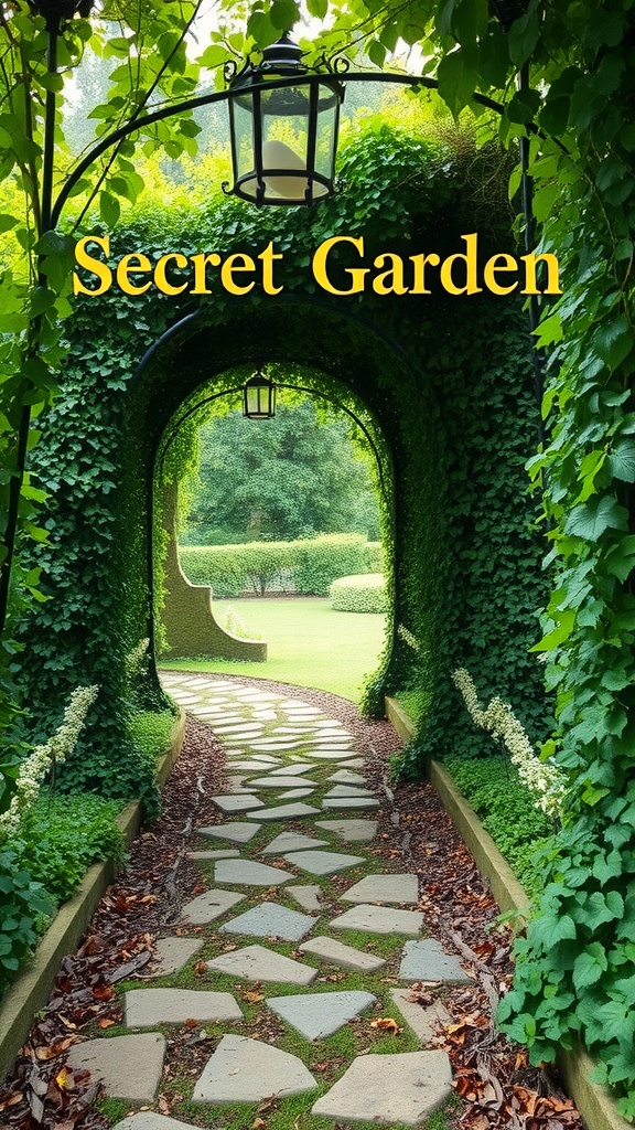 A pathway covered with ivy leading into a secret garden, framed by lush greenery and soft lighting.