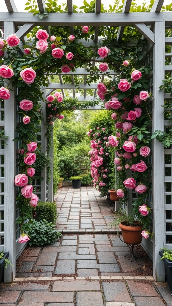 A beautiful lattice pathway lined with pink roses, leading through a lush garden.