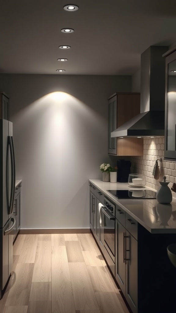 A modern kitchen with recessed lighting accentuating an accent wall.