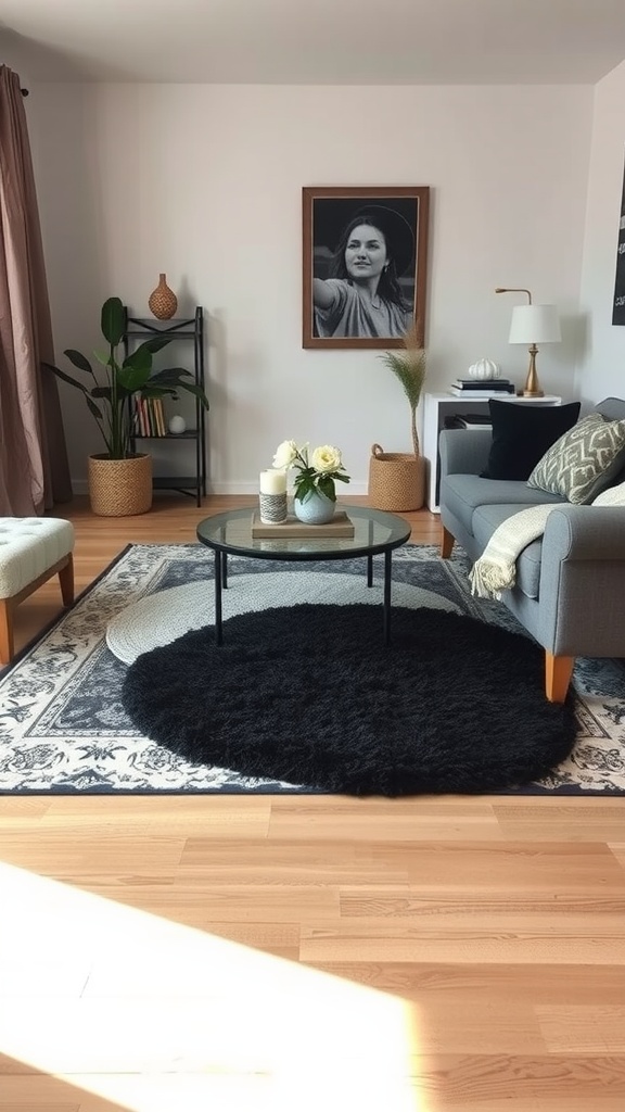 A cozy living room featuring layered rugs, including a fluffy black round rug over a patterned area rug, with modern furniture and decor.