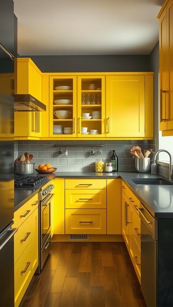 A kitchen featuring lemon yellow cabinets with charcoal gray walls, showcasing a modern and cheerful design.