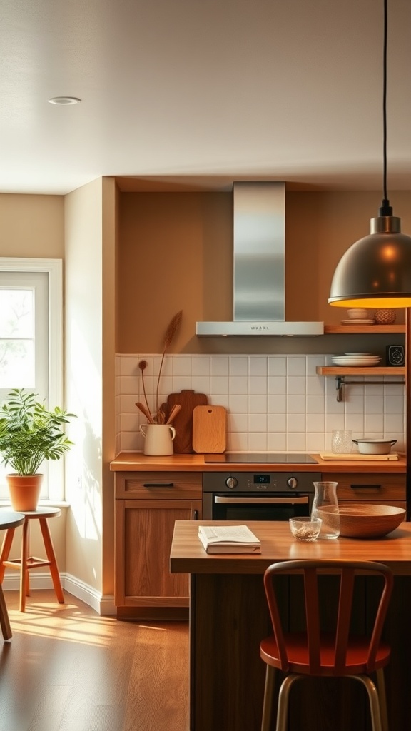 A cozy kitchen with a warm accent wall, wooden cabinets, and a plant, showcasing light-dimming paint.