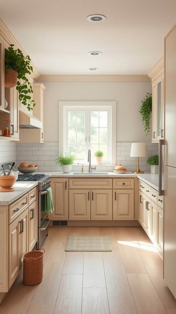 A kitchen featuring light beige cabinets and sage green accents, with plants and natural light.