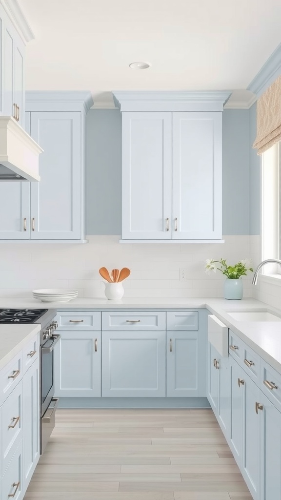 A light blue and white kitchen with cabinets, white countertops, and natural elements.