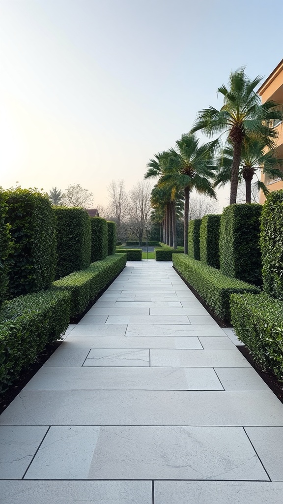 A limestone slab walkway bordered by neatly trimmed hedges and palm trees