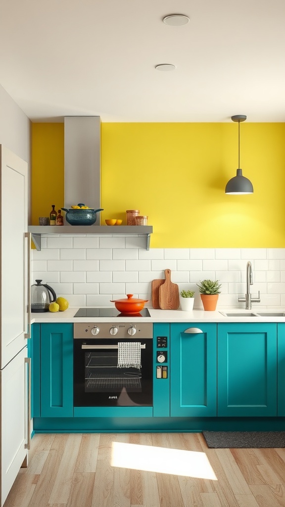 A bright beach house kitchen with teal cabinets and a yellow accent wall.