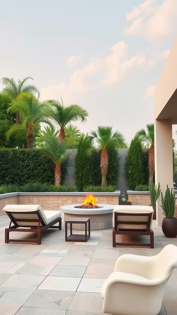 A modern outdoor seating area featuring lounge chairs with canopies around a fire pit, surrounded by lush greenery.