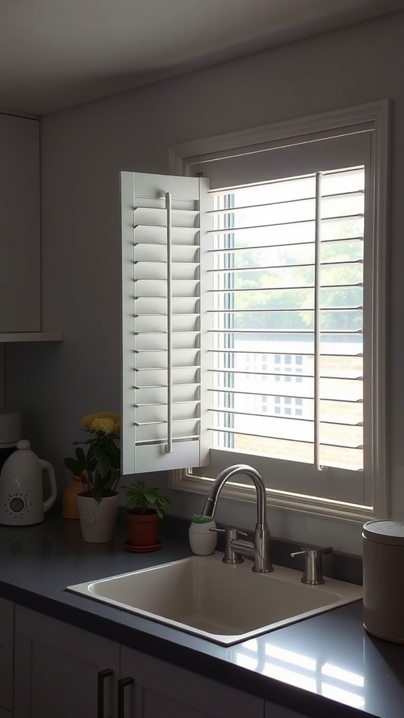 A modern kitchen with a louvered window above the sink, showcasing natural light control and potted plants.