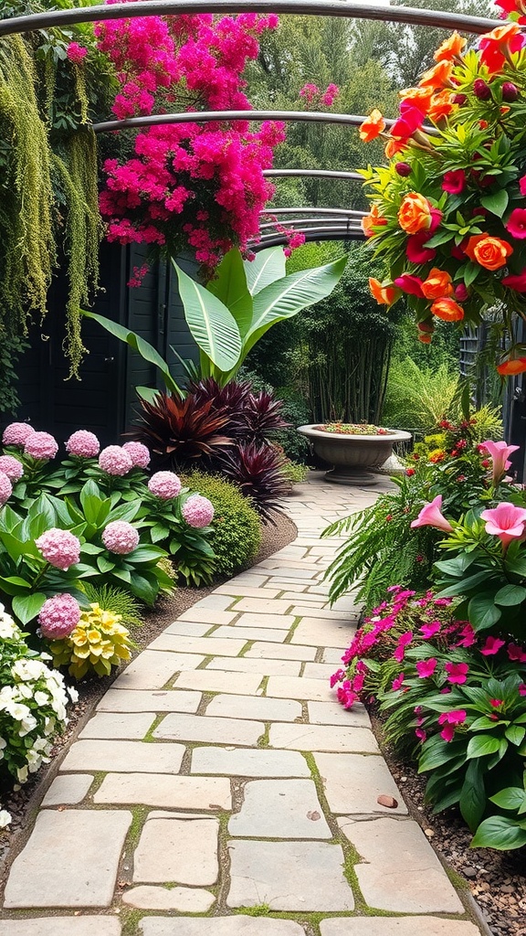 A beautiful flagstone walkway surrounded by colorful flowers and lush greenery.