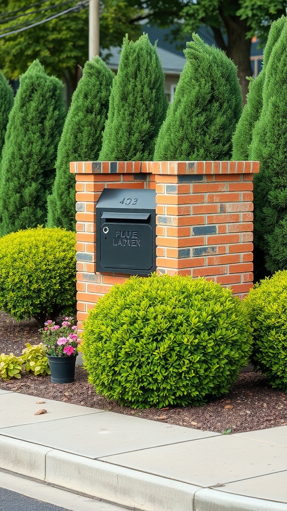 Brick mailbox surrounded by lush landscaping including shrubs and a flower pot.