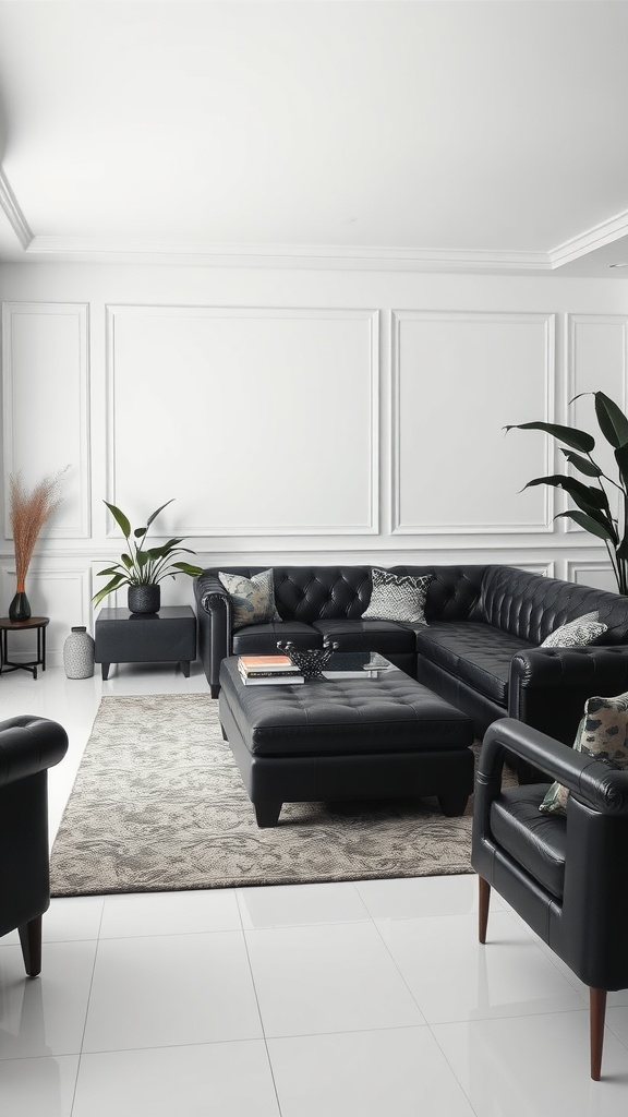A stylish living room featuring black leather furniture, a neutral color palette, and decorative plants.